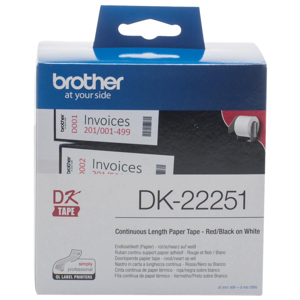 Klebeband, Druckertonband, DK-22251, Rot/Schwarz auf Weiß, Kontinuierliches Band