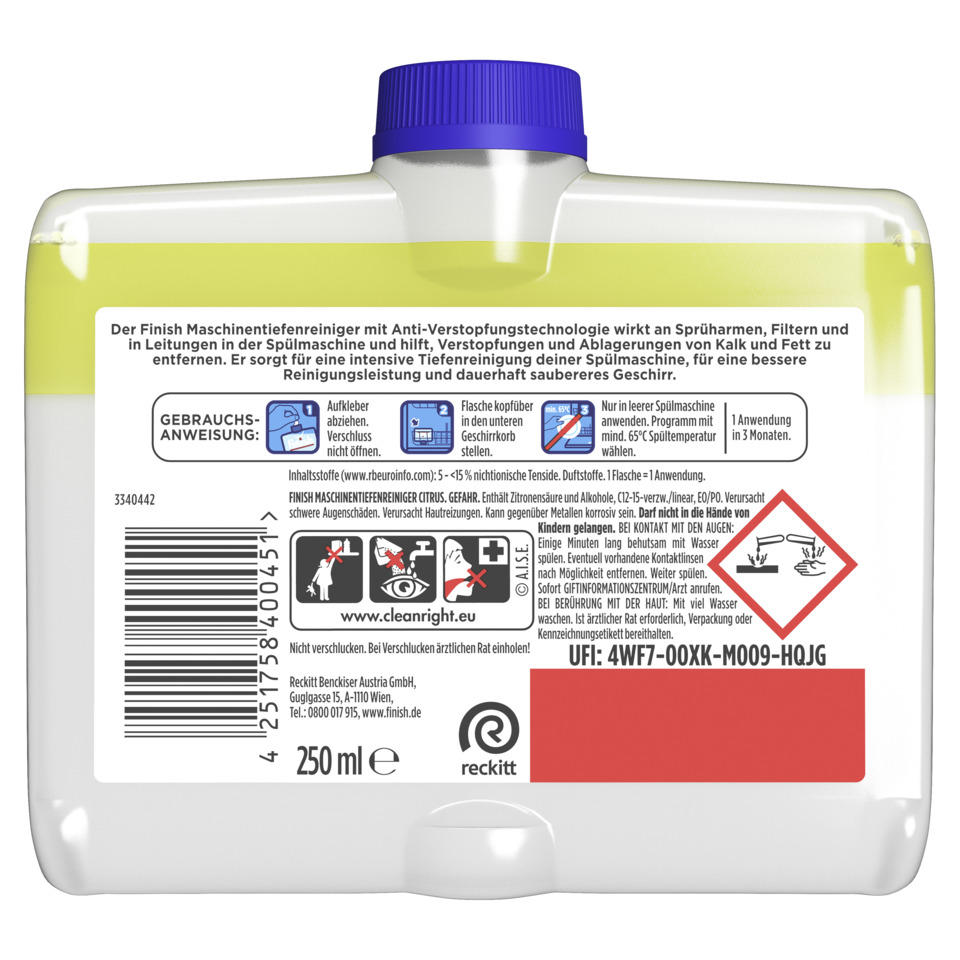 Spülmaschinenreiniger, Fleckenentferner, Kunststoffflasche, 250 ml, Anti-Verstopfungstechnologie