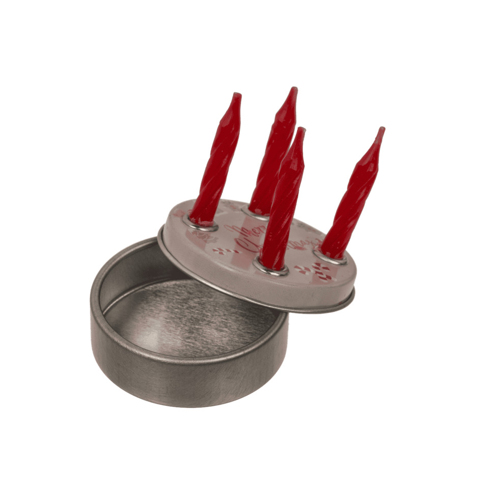 kerzen, kuchenform, metalldose, miniature, weihnachtskuchen