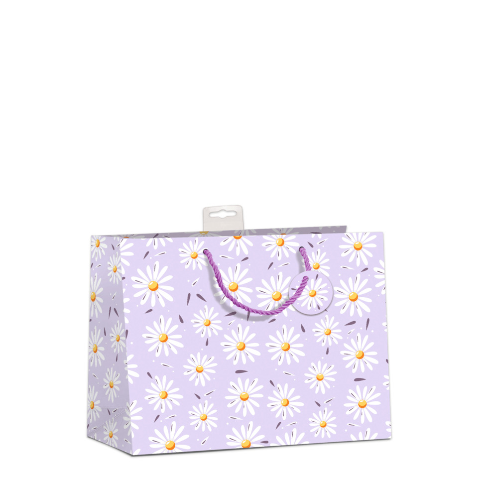 Geschenkverpackung, Geschenkbeutel, Margerite Muster, Lilafarbene Verpackung, Tragegriff- Geschenkbox