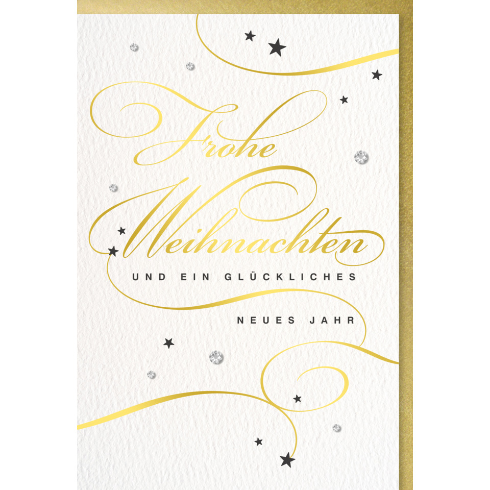 Weihnachtskarte, Neujahrsgruß, weiß-gold, Sternenmuster, Glitzersteine