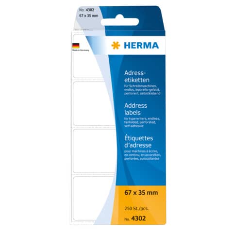 Adressetiketten für Schreibmaschinen permanent, 67x35mm, leporello-gefalzt, 250 Stück, weiß HERMA 4302