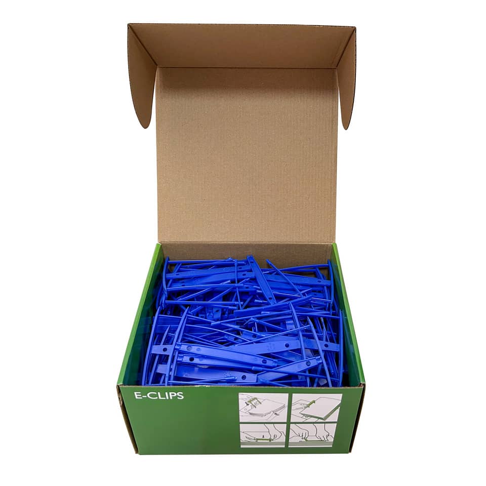 Klammern?, E-Clips, Blaue Clips, Kabelclipset, Verpackungskiste