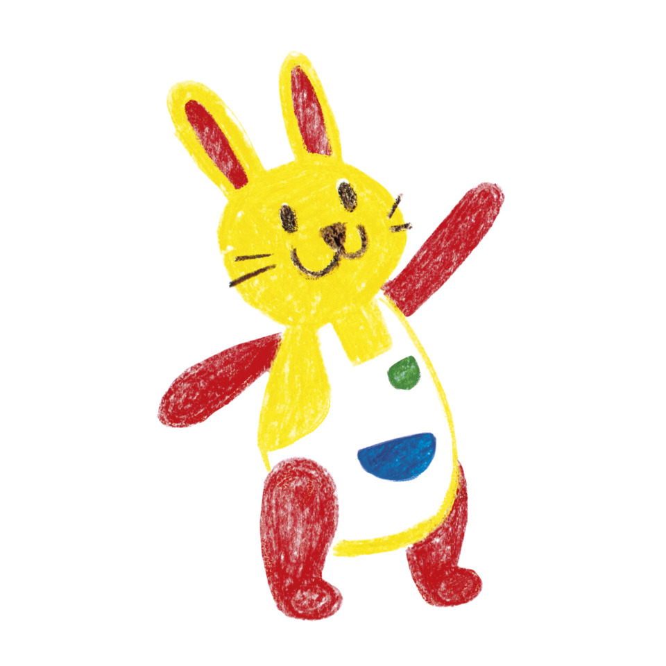 Osterei?, Osterhase, Kinderzeichnung, Gelb, Kleidung mit Punkten