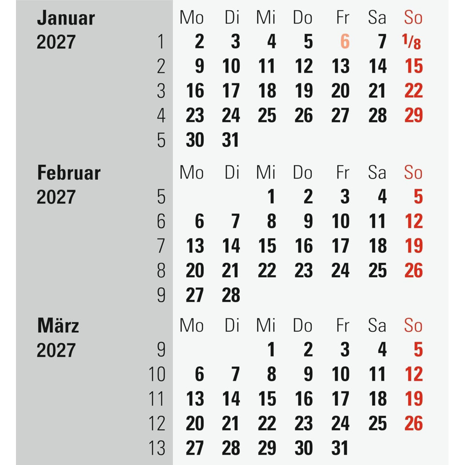 Kalender, Monat, Januar, Februar, März