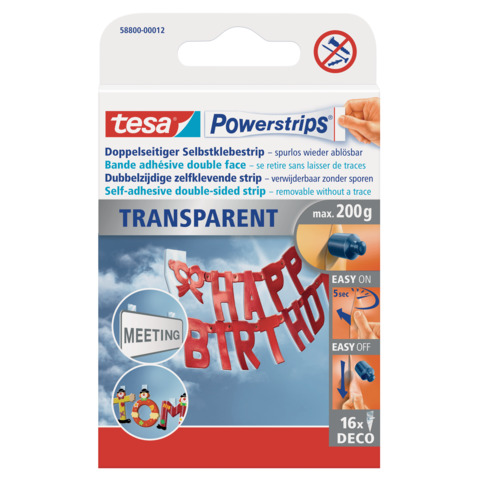 Klebestück Powerstrips® Deco, 15x81mm, 16 Stück, transparent TESA 58800-00012-20