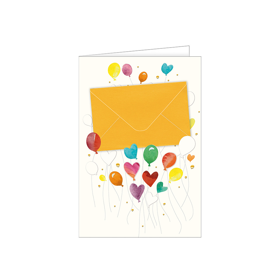 Karten/Grusskarte, Luftballons, Herzformen, Gelb/orange Umschlag, Feierlich