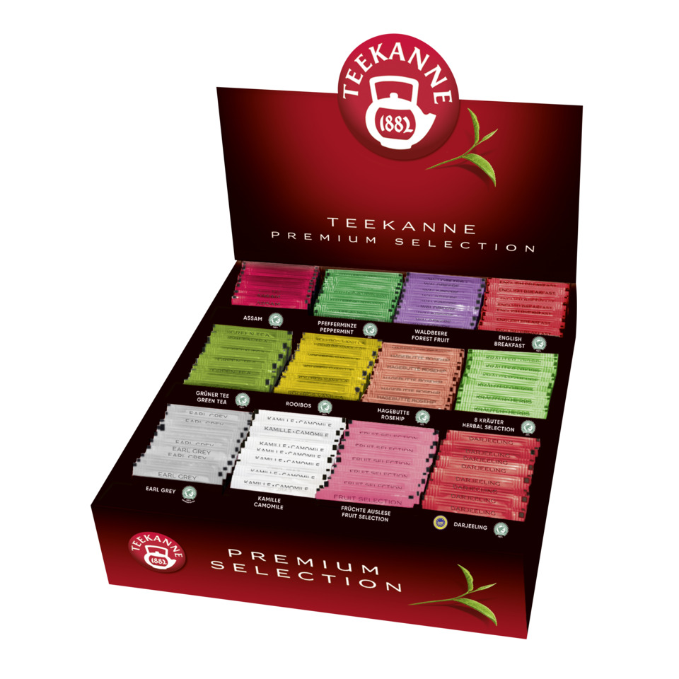 teeanne premium selection, tea assortment, varied tea bags, colorful tea sachets, display box