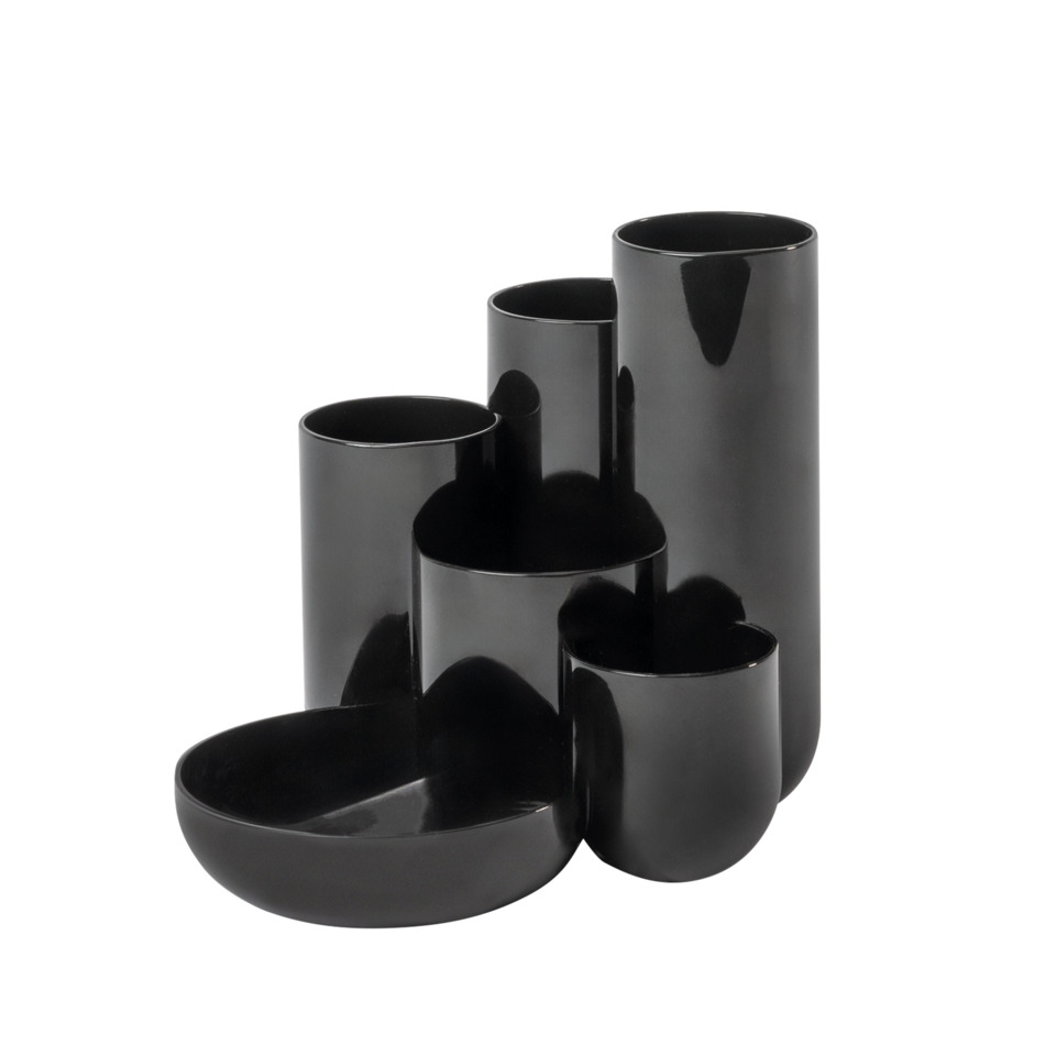 Schalen-Set, Vasengestell, Gehäuse aus Keramik, schwarz, mehrteilig