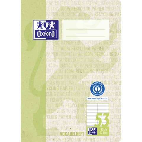 Vokabelheft Recycling, A5, 32 Blatt, Lin.53, liniert, hellgrün OXFORD 400159441