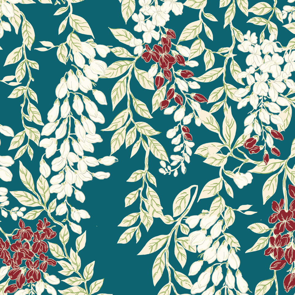 blumenmuster, kupferroter, weiße blüten, türkis hintergrund, lianenblatt