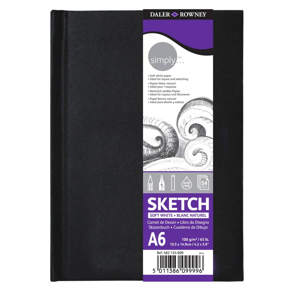 skizzenbuch, A6, weisses papier, schwarzes heftcover, bindeband