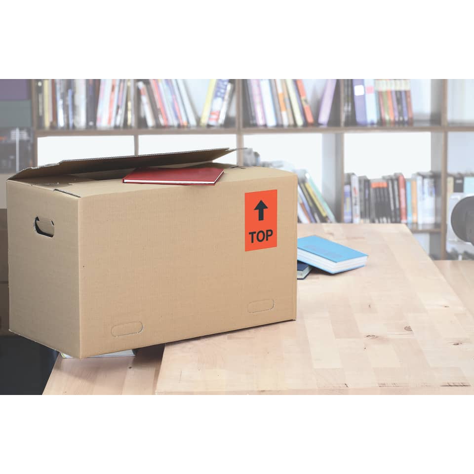 Umzugskarton, Kartonbox, Verpackung, Top-Aufkleber, Bücher im Hintergrund