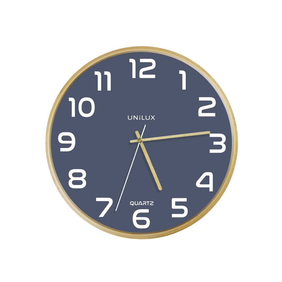 wanduhr, quarz, goldrand, blaue ziffern, große ziffern