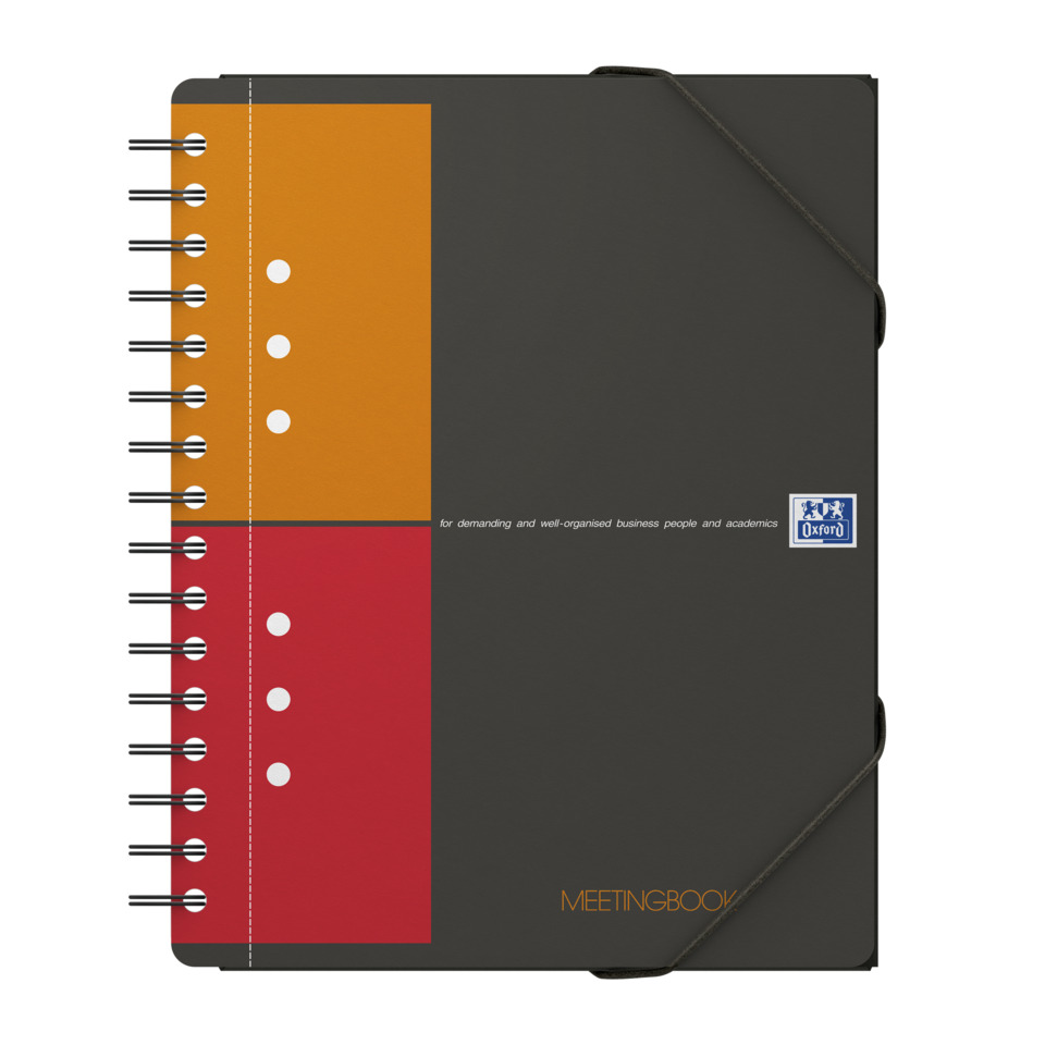 meeting book, spiral notebook, orange red blocks, gray cover, elastic bands