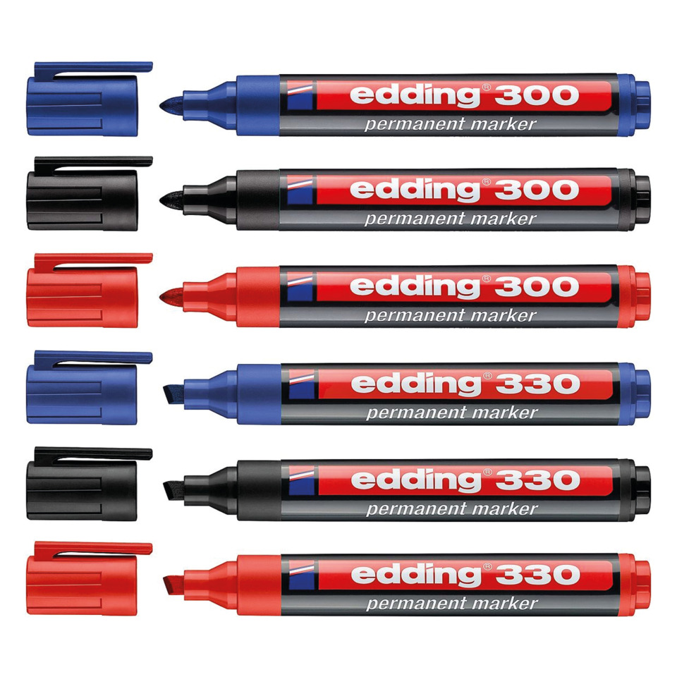 marker, Permanentmarker, Farbmarker, Mehrfarbiges Set, BlauRotSchwarz, Permanentmarker, Markerstift, Edding 300/330, Kugelschliff Spitze, Doppelpack Marker