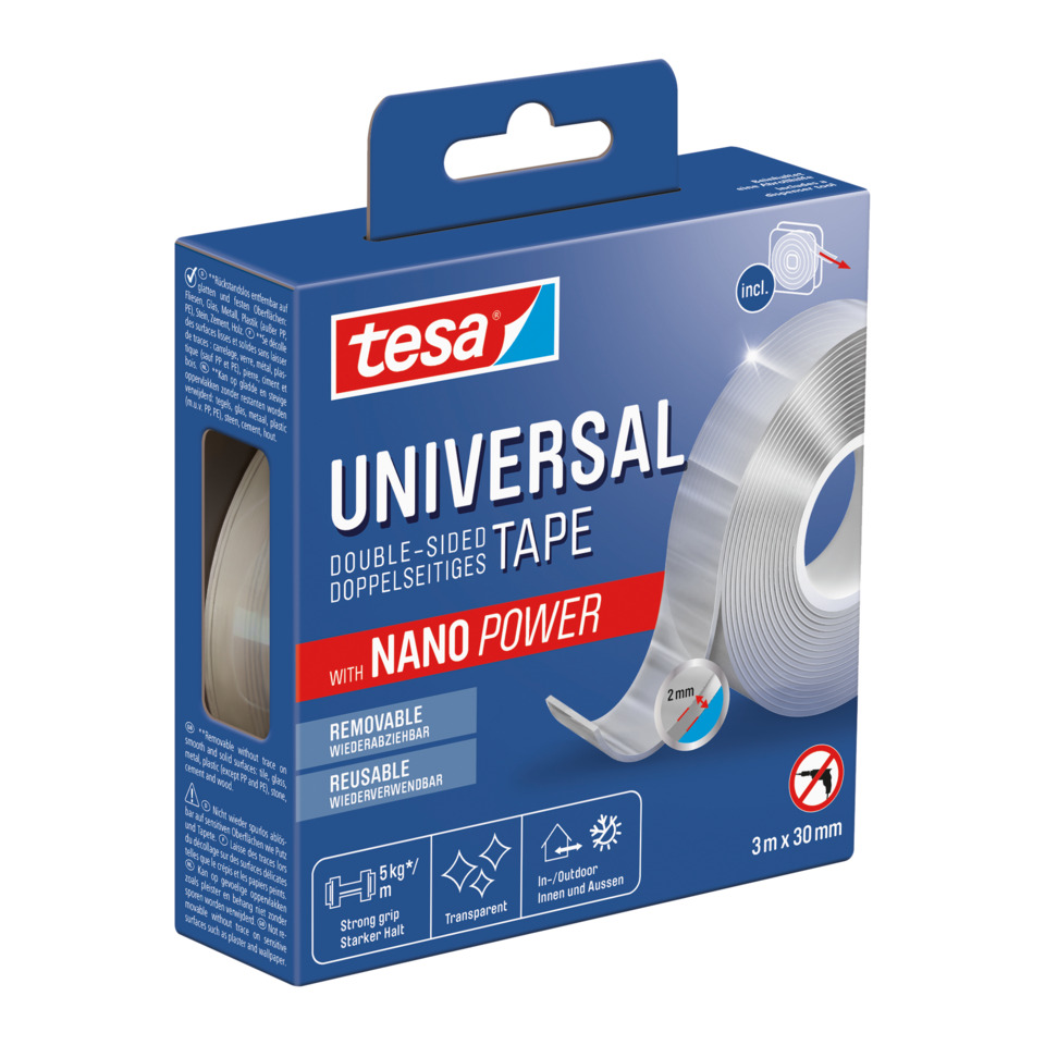 Universalband, Doppelseitiges Klebeband, Nano Power, 3 m x 30 mm, Ablösbares Klebeband