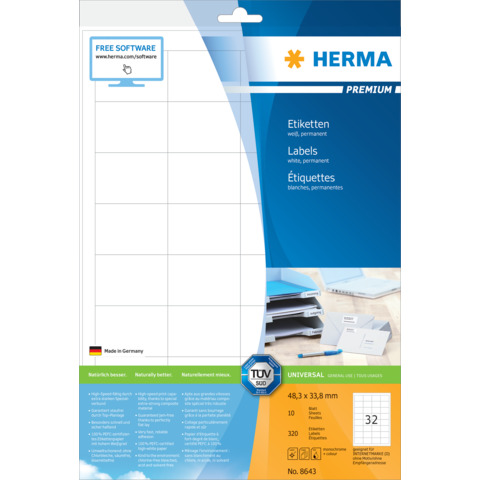 Etiketten Premium permanent, 48,3x33,8mm, 320 Stück, weiß HERMA 8643