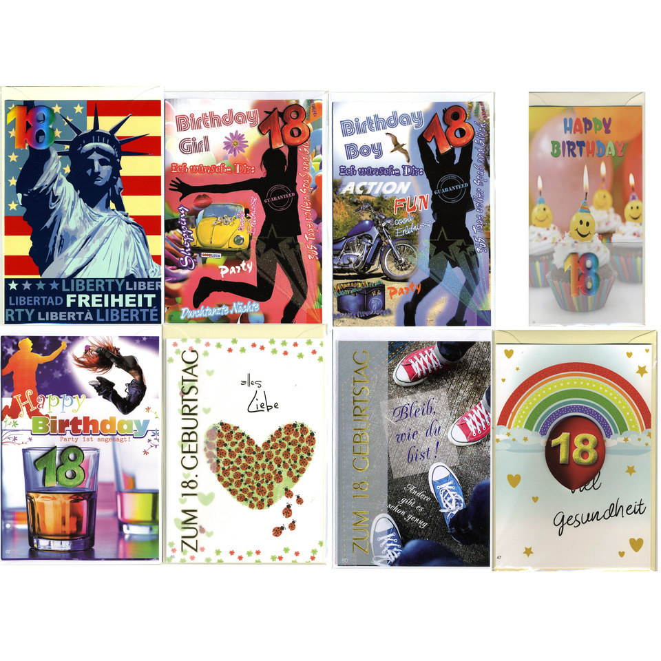 Geburtstagskarten, 18. Geburtstag, bunte Karten, vielfältiges Design, mustertierte Karten