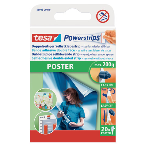Klebestück Powerstrips® Poster, 15x81mm, 20 Stück, weiß TESA 58003-00079-21