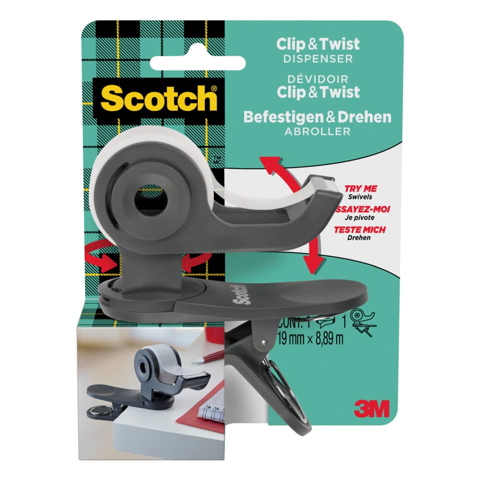 Clip & Twist‑Spender, Schreibtischdrehung, Scotch, grauer Kunststoff, 3M