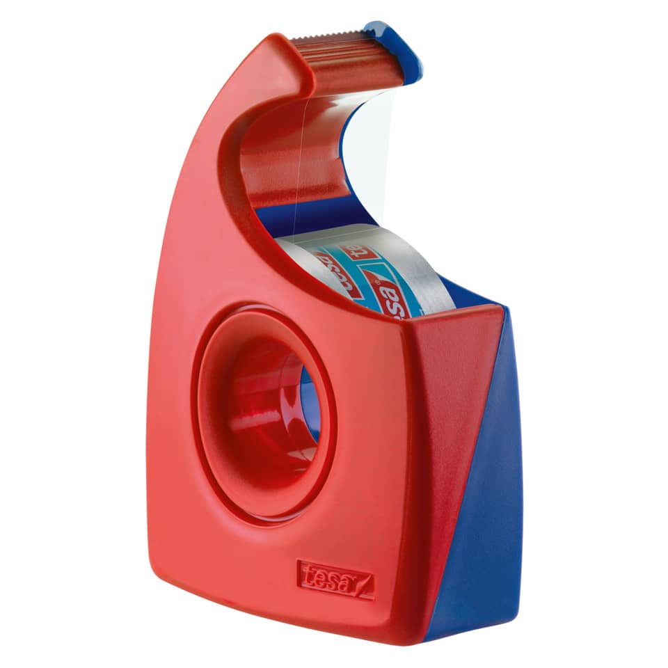 Tape dispenser, Klebebandspender, Geschenkband, Rotes Plastik, Blaue Akzente