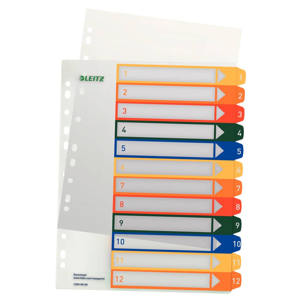 Indexregister, Trennblätter, farbige Etiketten, Beschriftungsstreifen, Perforierte Blätter