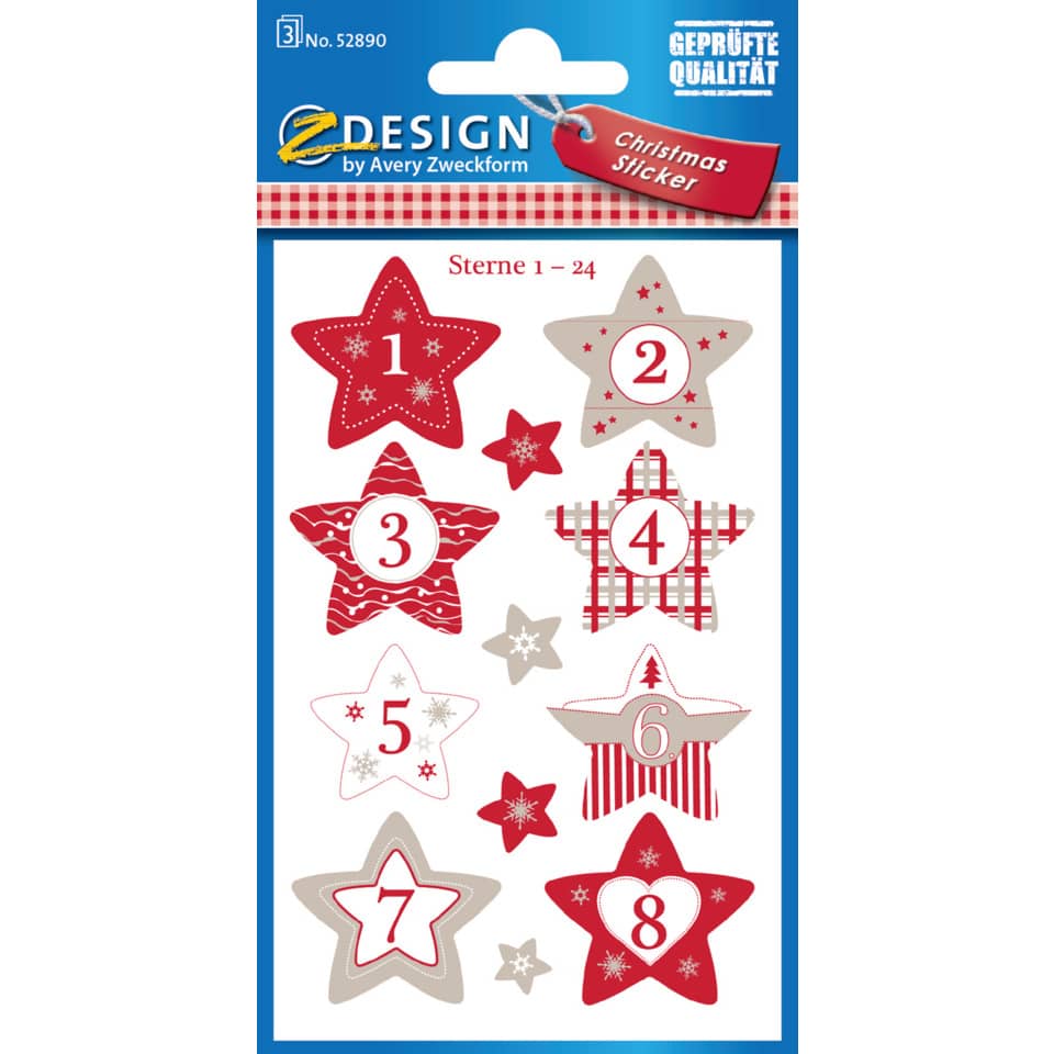 Sterne Sticker, Adventskalender, Weihnachtsmotiv, Aufkleber, Stoffstern