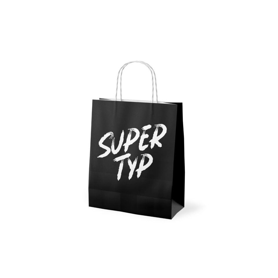schwarze tasche, shopping bag, papiertüte, weißer text, tragbare griffe