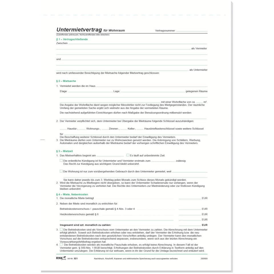 Untermietvertrag, Mietvertrag, Wohnraum, Formblatt, Verträge