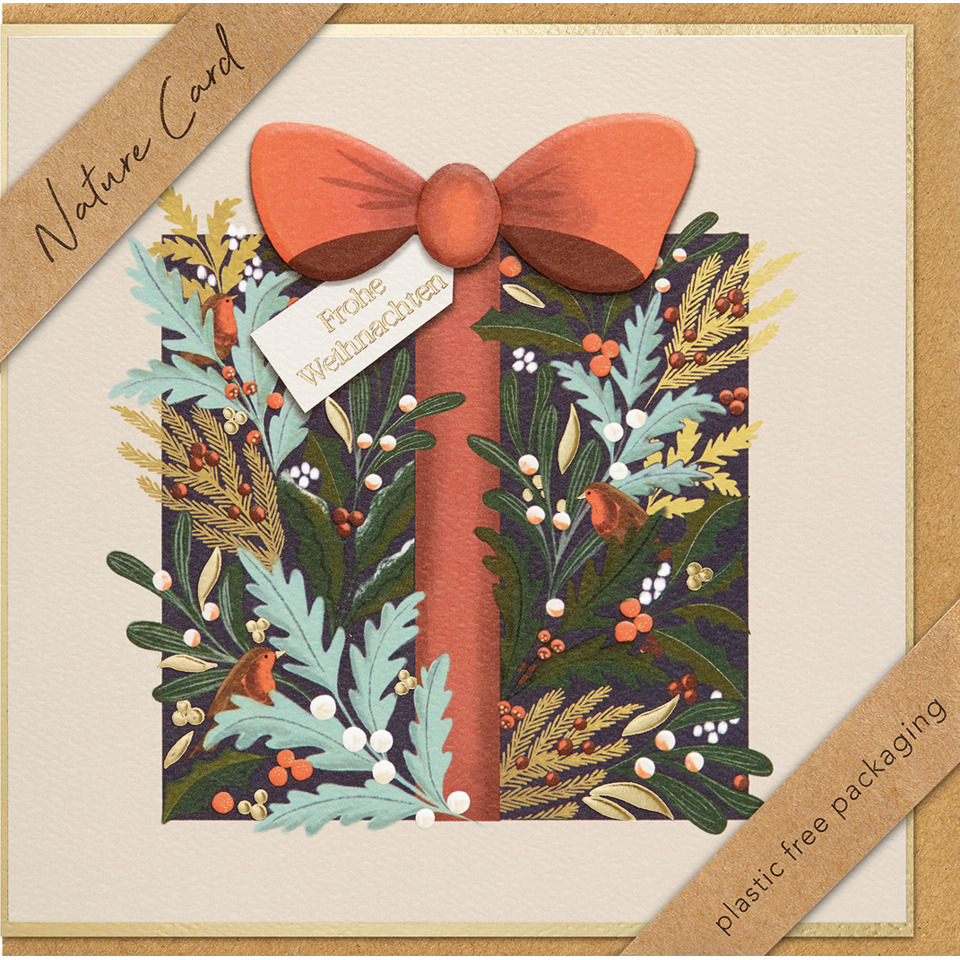 Weihnachtskarte, Geschenkverpackung, Roter Band, Blätter, Naturdesign