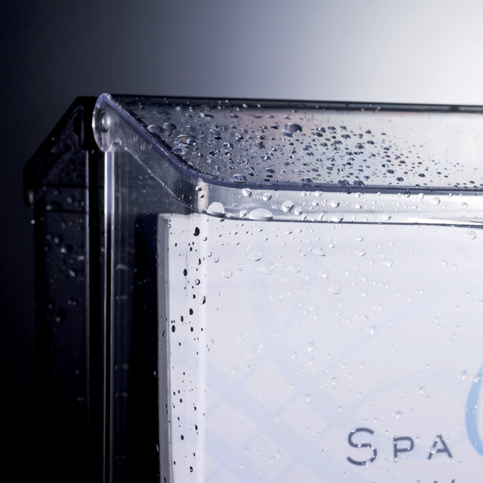 Waschmaschine, Glasfront, Wasserspritzer, Eckansicht, Gerätekorpus