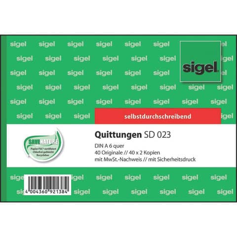 Quittung mit MwSt-Nachweis, A6, 3x40 Blatt SIGEL SD023