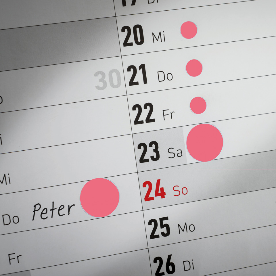Kalender, Datum, rosa Punkte, Wochenansicht, Peter (Name), Kalender, Rosa Punkte, Datumsraster, Wöchentliche Ansicht, Monatsplaner