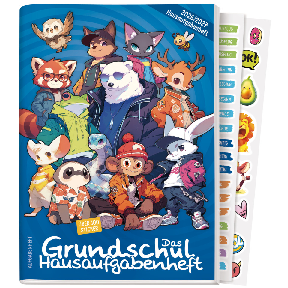 Schulheft, Hausaufgabenheft, Grundschule, Stickerbuch, Tier-Charaktere