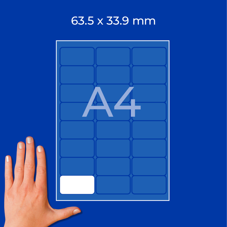 Etiketten, Etiketten-Designer, Zubehör, Nachhaltiges Papier, Made in Germany, A4, Seitenlayout, Familiengröße, Schwarzweiß?, Hand für Größenvergleich