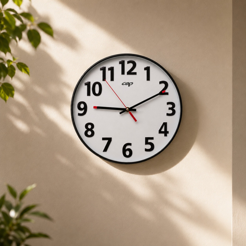 Wanduhr, rundes Zifferblatt, schwarzer Rahmen, weiße Ziffernblattfläche, rote Zeiger