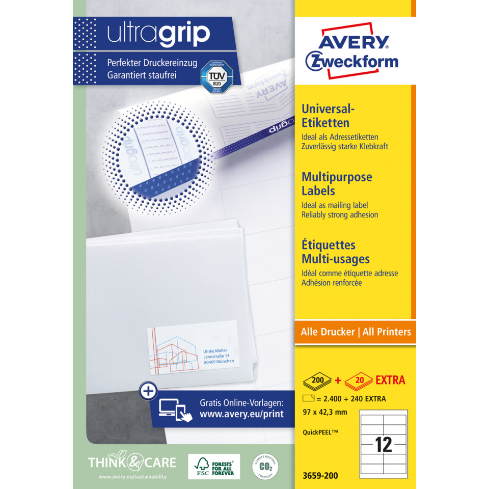 Multifunctionale Etiketten, Universelle Etiketten, Druckeretiketten, Avery Etiketten, Bürobedarf