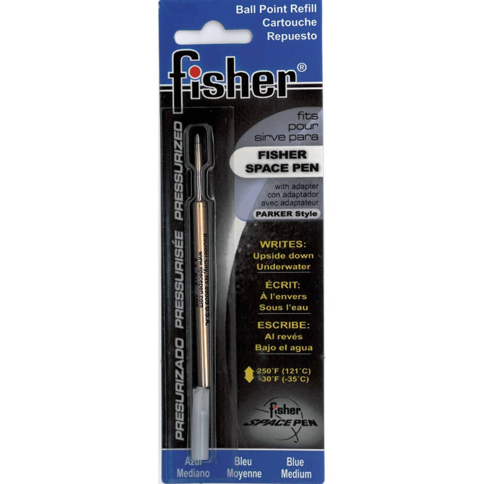 space pen, refill, ballpoint, metal body, blue