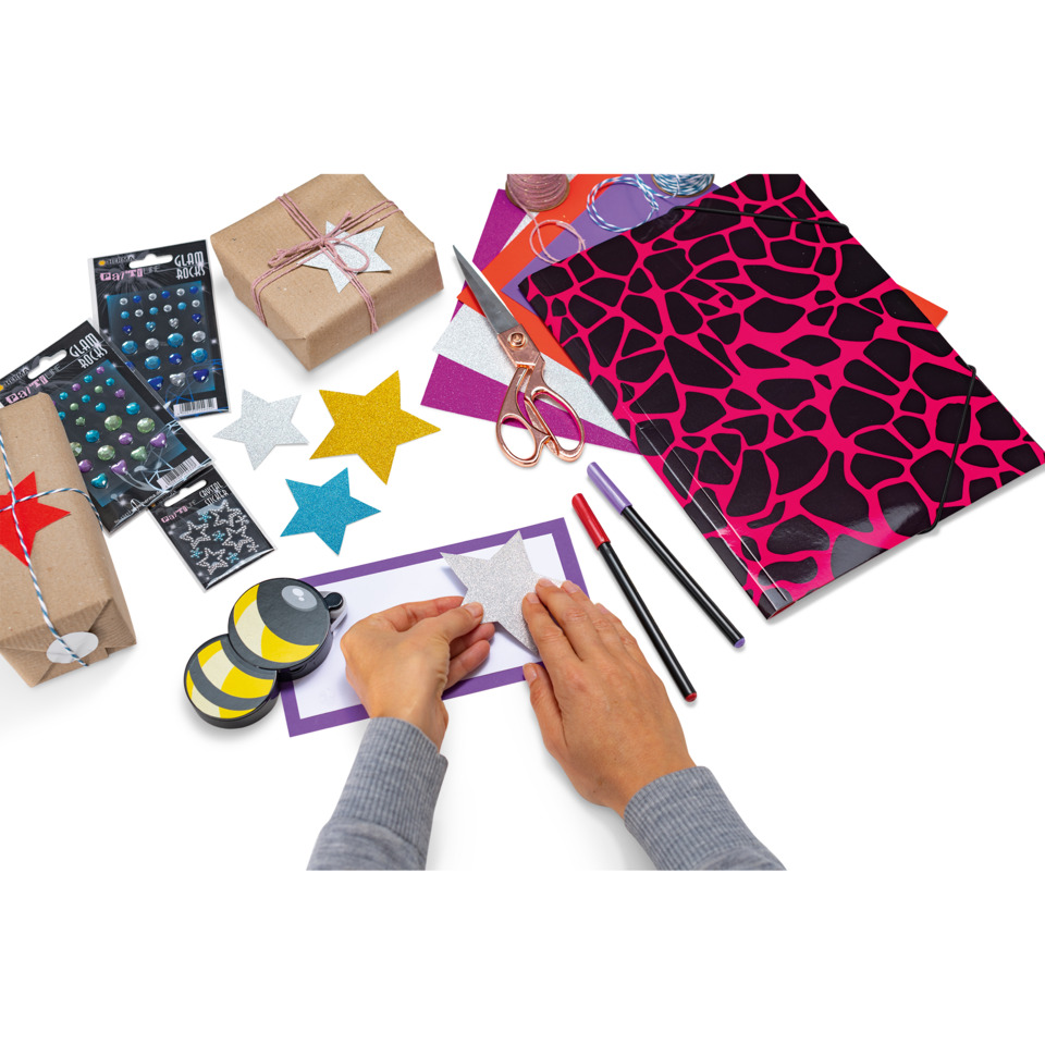 bastelset, schmuckherstellung, glitzerstern, papierstern, angeneverpackung, Schneid- und Bastelset, Scheren, Sticker, Geschenke verpacken, Dekorationen