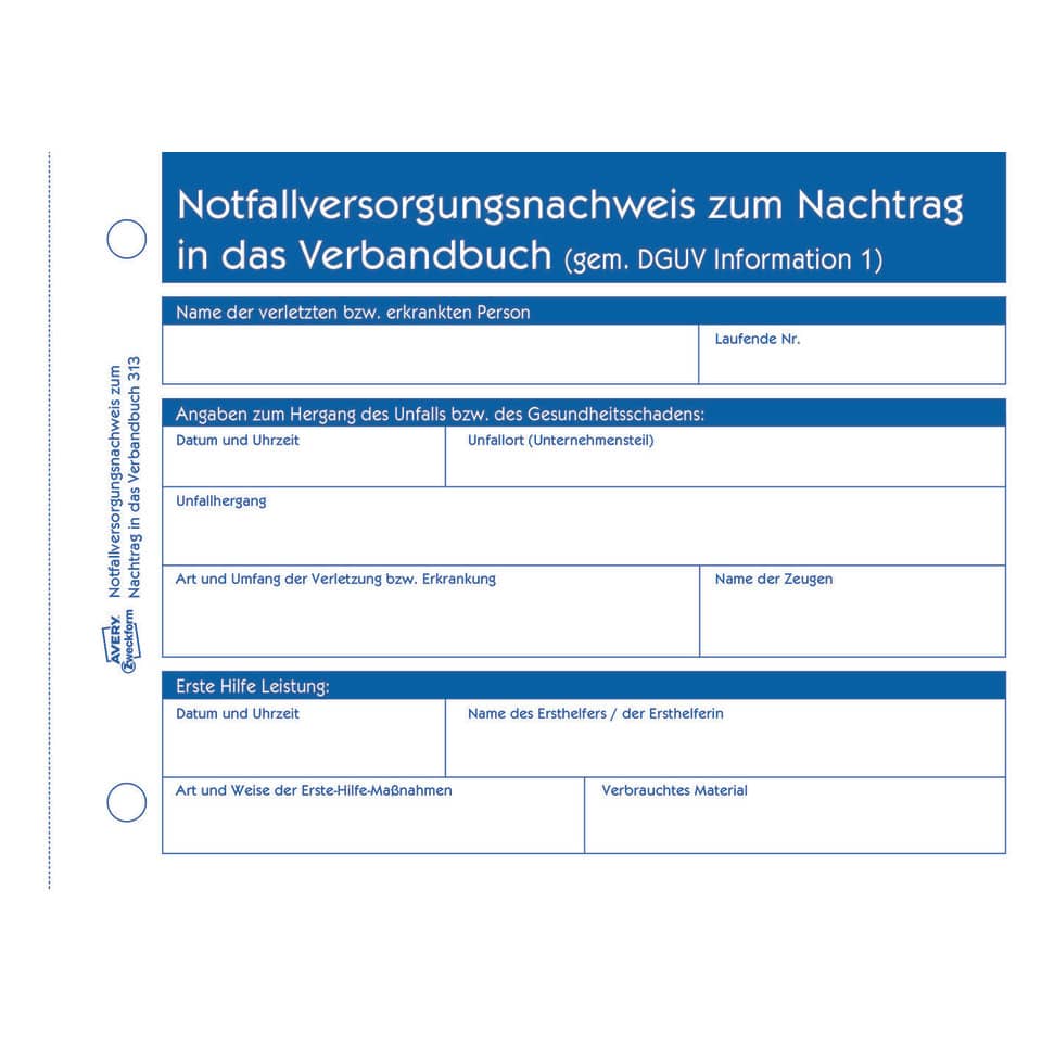 Notfalldokument, Verbandbuch, Notfalldokumentation, Formular, Medizinisch