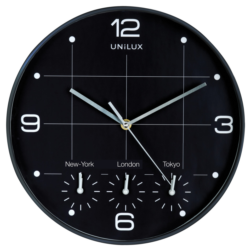 wanduhr, wanduhr schwarz, analoguhr, multifunktionsuhr, weltzeitzonen, Wanduhr, Schwarz, Analoge Uhr, Metallzeiger, Weltzeituhr