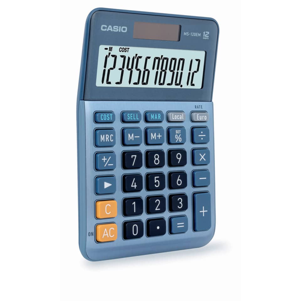 Taschenrechner, Casio, Gehäuseblau, Desktopgröße, Tastatur