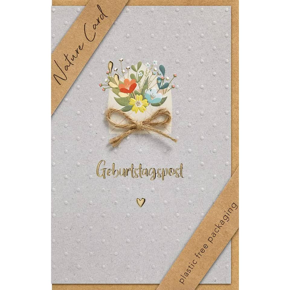 Geburtstagskarte, Kartenmotiv, Blumen bouquet, Juteband, Naturkarton