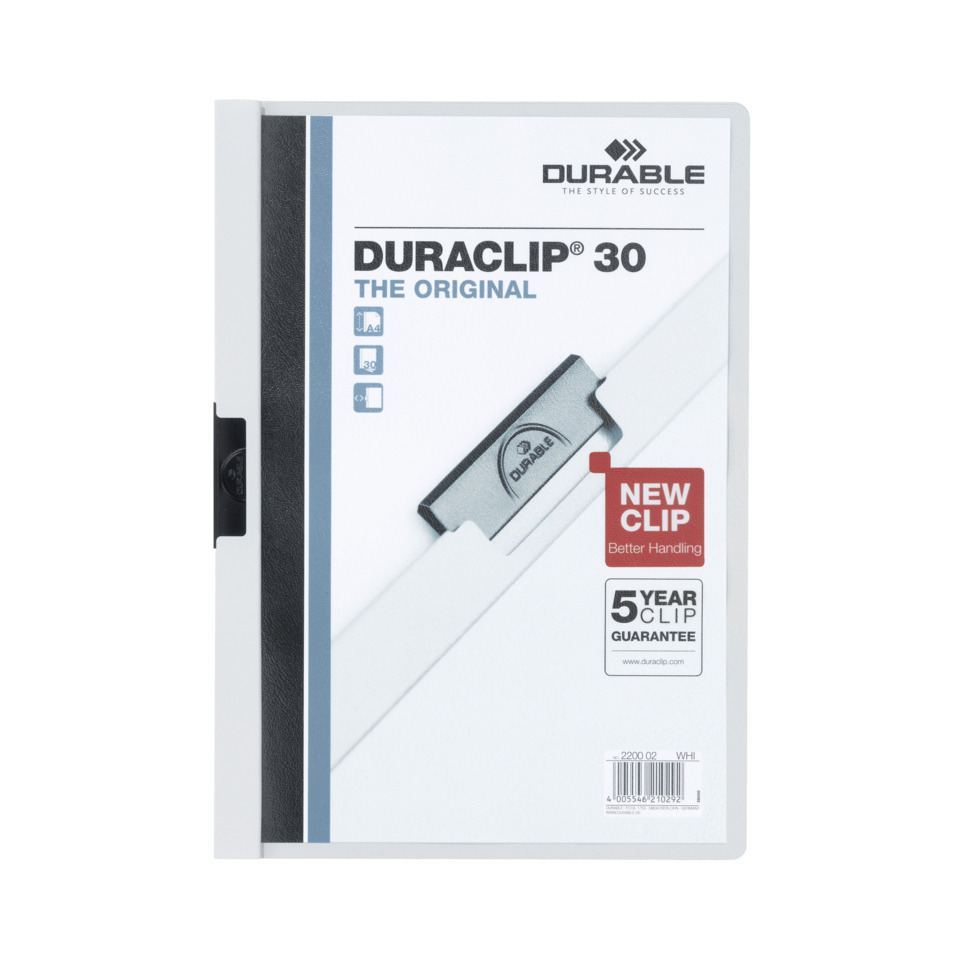 Klemm-Mappe DURACLIP® Original 30, Hartfolie, bis 30 Blatt, transparent/weiß DURABLE 2200 02