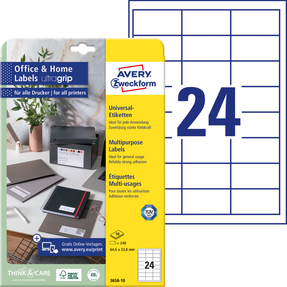 Etiketten, Multipurpose Labels, Schwarz auf Gelb, Klebekraft, Avery