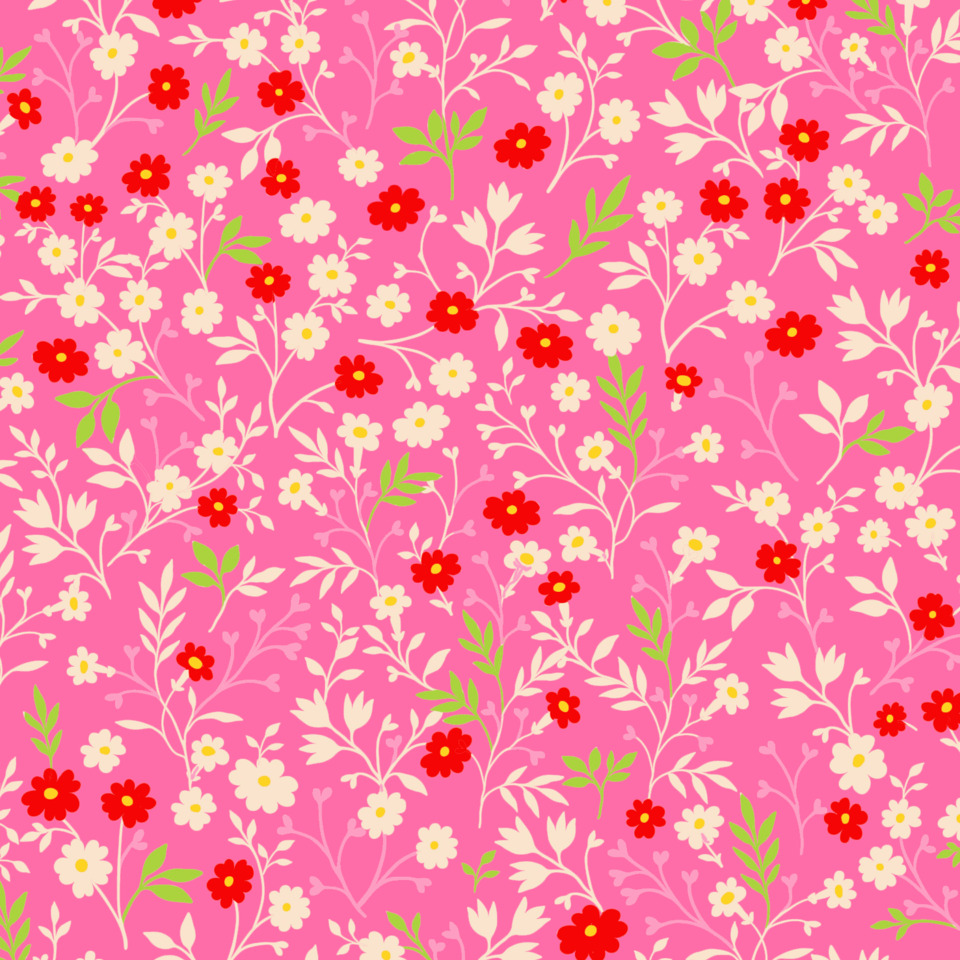 Blumenmuster, Pink Hintergrund, Rote Blüten, Grüne Blätter, Weiße Blüten