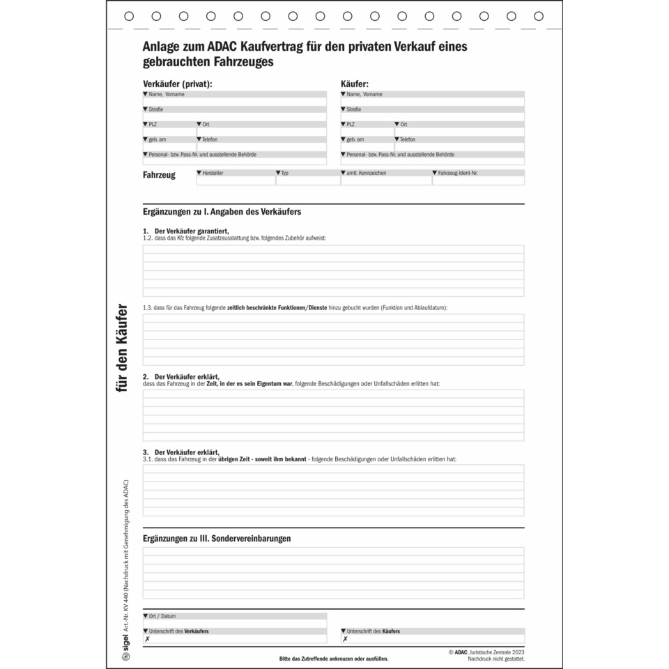 Kfz-Vertrag, Kaufvertrag, ADAC Formular, Fahrzeugdaten, Unterschriften
