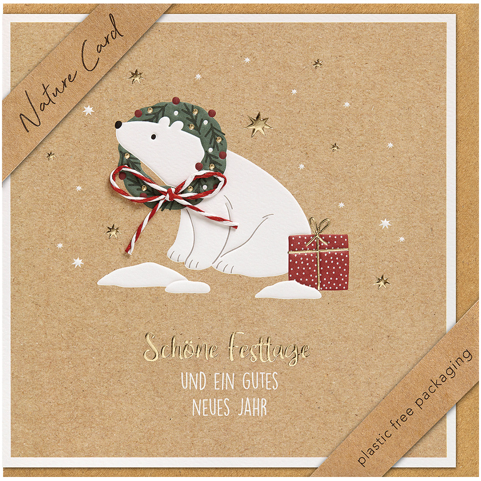Naturkarton, Weihnachtskarte, Polarbär, Geschenk, Grüße