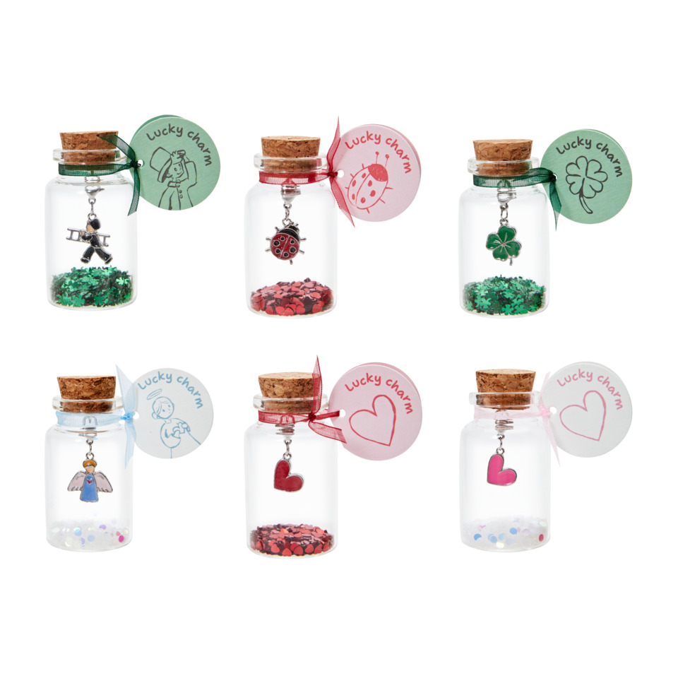 Glasflasche, Korkdeckel, Anhänger, Herzanhänger, Glitterkonfetti